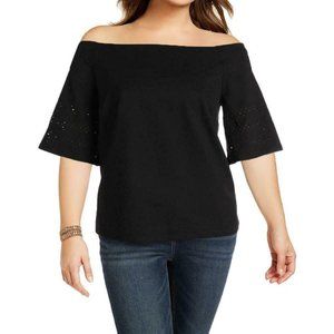 "RALPH LAUREN" BLACK OFF THE SHOULDER LASER GEO BELL SLEEVE TOP SIZE: M NWT $80